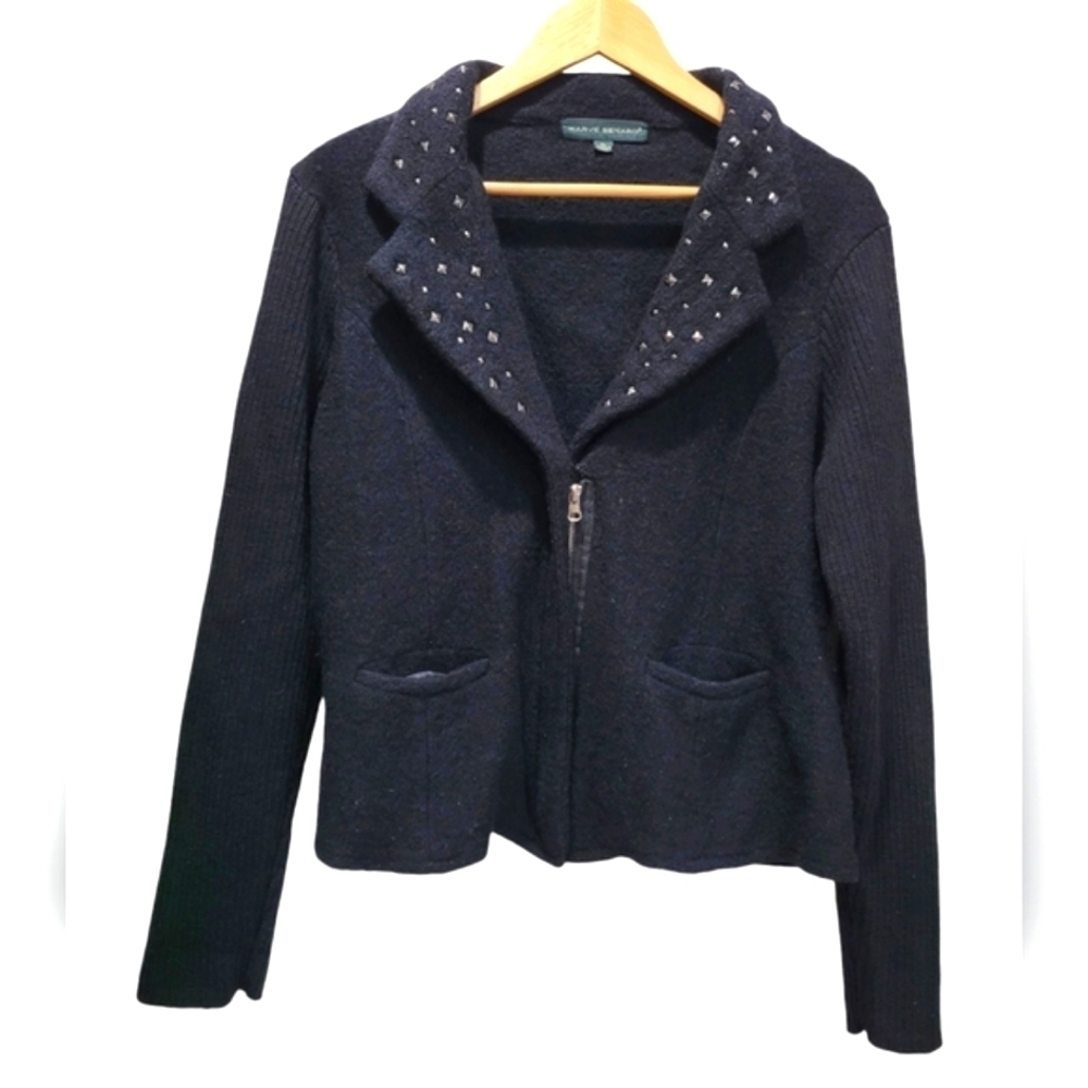 XL Vintage Harve Benatd 100% Wool Zip-Up Ribbed Sleeve Metal Accent Cardigan